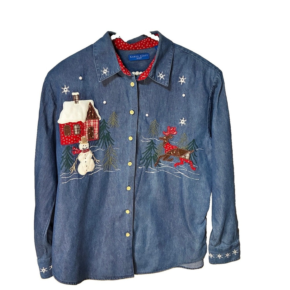 VTG  Karen Scott Sport L Denim Christmas Shirt Snowman Reindeer 100% Cotton